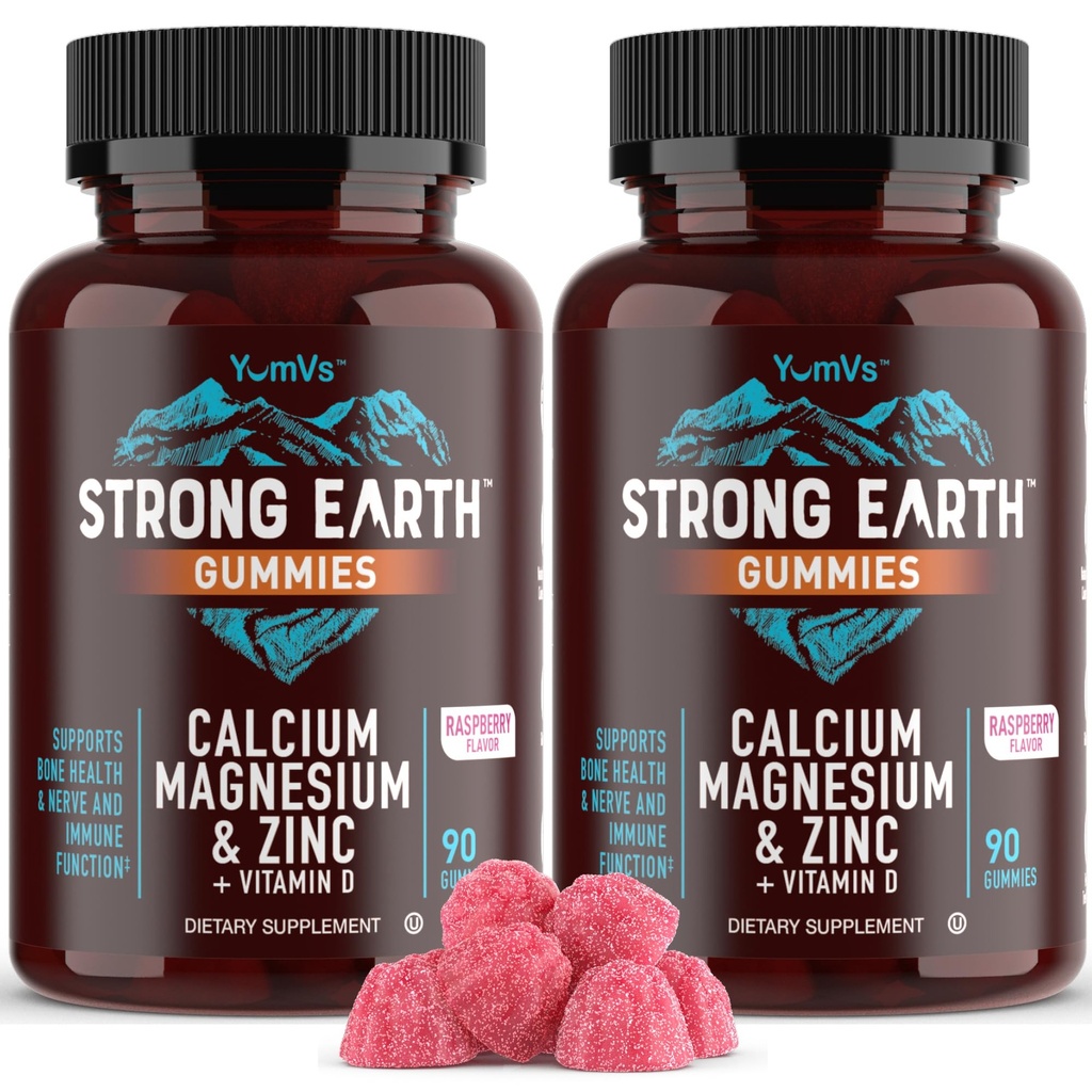 YUM-V'S Calcium, Magnesium, Zinc & ויטמין Dmies, Cal Mag Chewable תוסף, Vegetarian Kosher Halal Natural Raspberry Flavor Gummies for Adults Women & Men - Count 90 (Pack of 2)