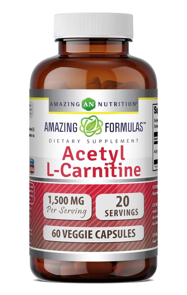 פורמולה מדהימה Acetyl L-Carnitine Hcl Veggie Dietary תוסף - 500 Mg, Veggie כמוסות (Non GMO,Gluten Free) Per Bottle - מקדם ייצור אנרגיה ותפקוד קוגניטיבי (60 Count)