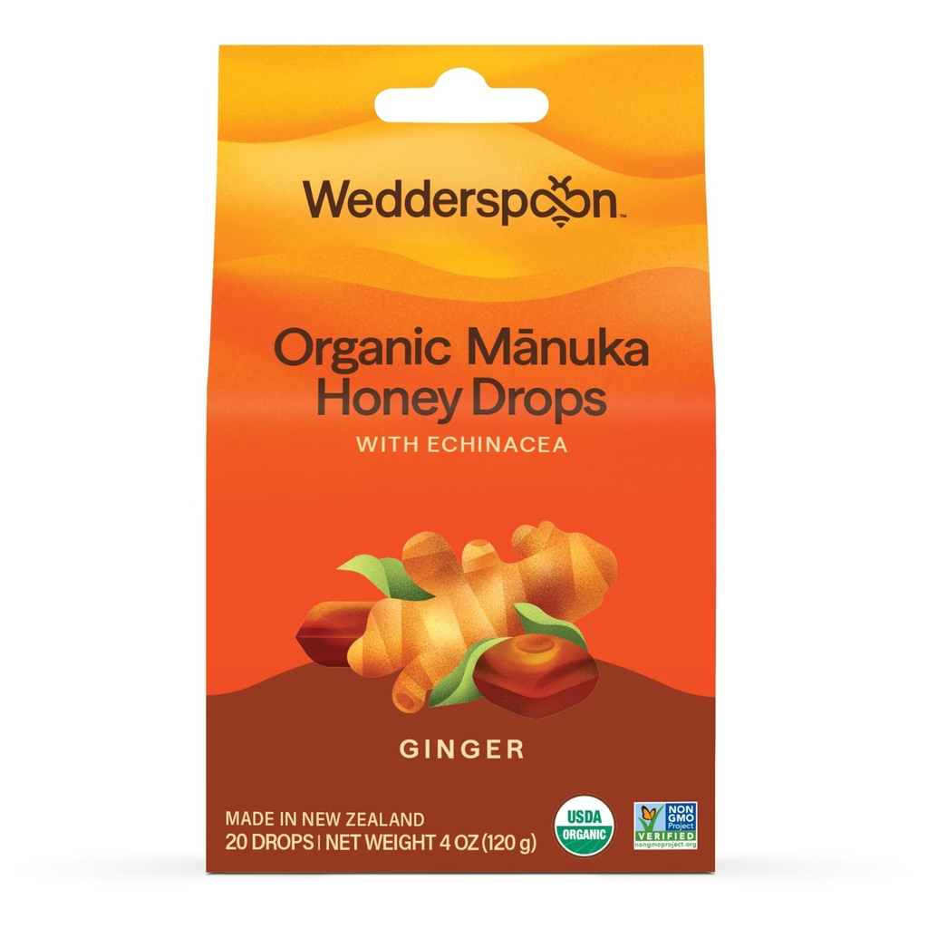 Wedderspoon Organic Manuka Honey Drops, ג'ינג'ר ו-Echinacea, 20 Count (Pack of 1) | Genuine New Zealand Honey | Perfect Remedy for Dryגרוןs