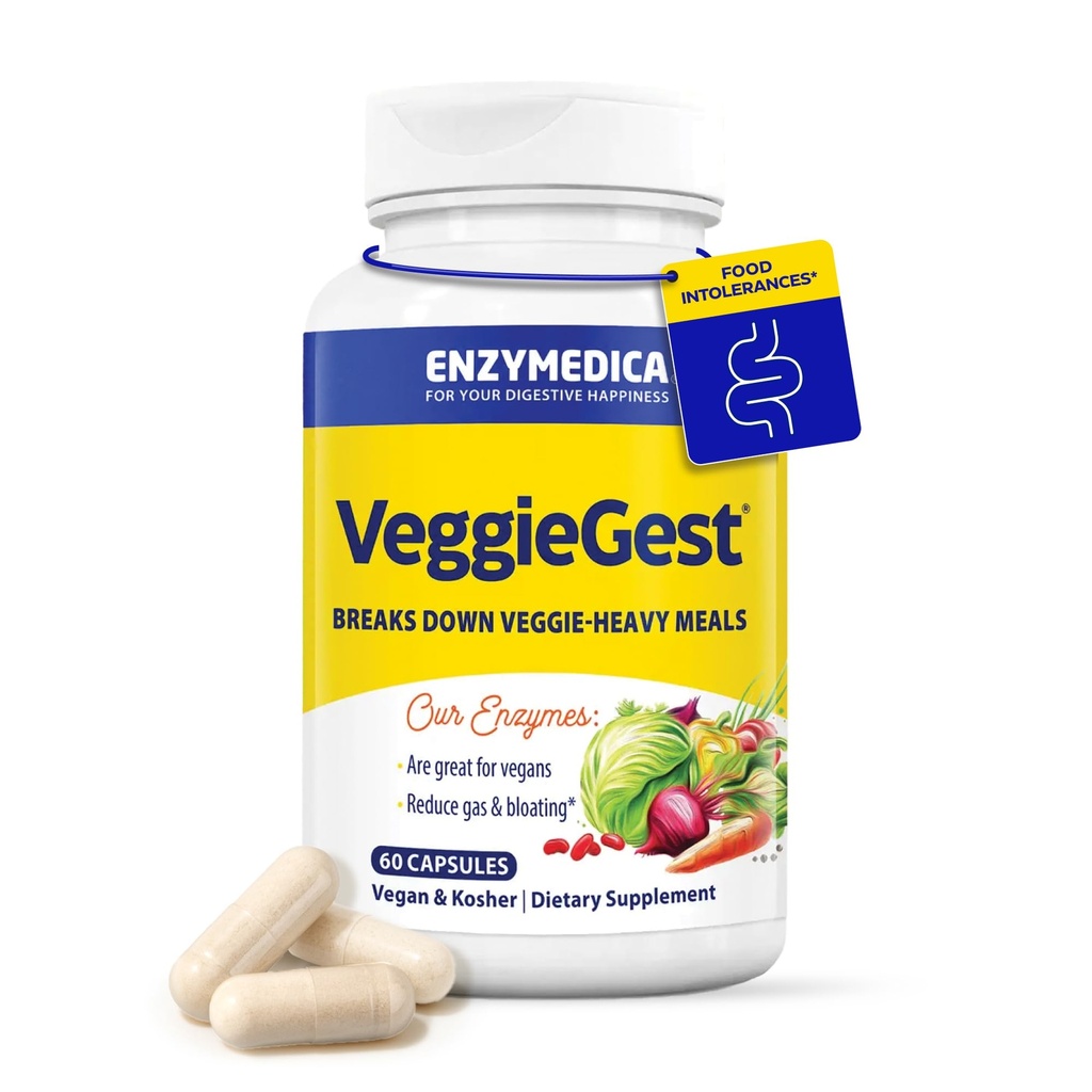 Enzymedica, VeggieGest, Digestive Enzymes, תומך Occasional Gas & Bloating הקלה מ- High סיבים meals, עבור דיאטות טבעוניות וצמחוניות, Enzyme בלגן עבור בריאות העיכול, 60 הרוזן הרוזן