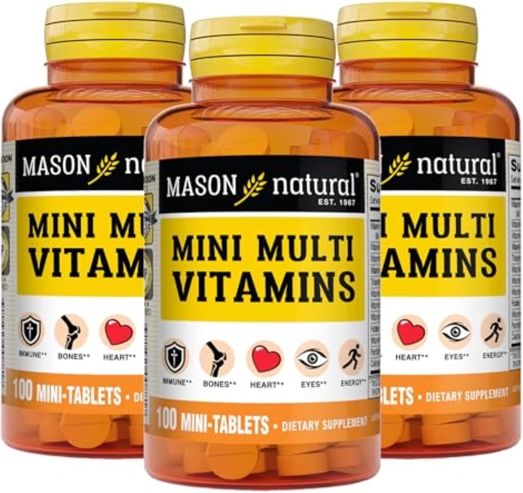 MASON NATURAL Mini Multi ויטמינים, ויטמין A, C, D3, E, B2, B3, B6, B12, Folate ו Calcium לבריאות כוללת, 300 יום אספקה
