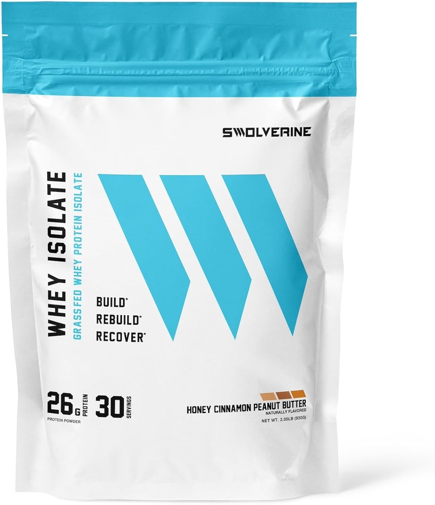 Swolverine Whey חלבון Isolate | 26g חלבון, Grass-Fed rBGH חינם, non-GMO, נוסף Enzymes Digest (30 משרתים, Honey Cinnamon Peanut Butter)