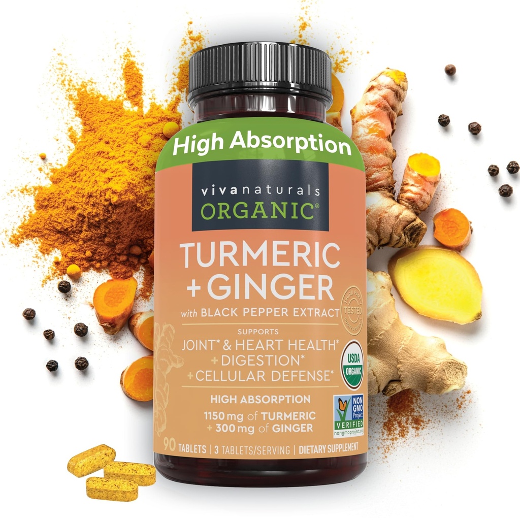 Viva Naturals אורגני Turmeric וג'ינג'ר עם Black Pepper לחלץ תמיכה משותפת 1450 מ"ג גלולות ג'ינג'ר לשרת Tumeric עם 150 מ"ג של Turmeric סטנדרטיized עד 95% Curcuminoids