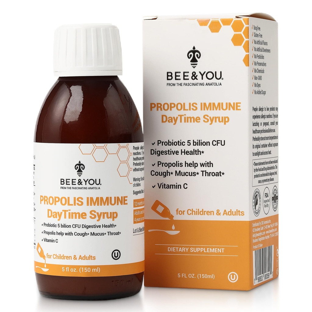 Bee and You Propolis Immune Day סירופ עם Probiotic, ויטמין C, Immune Support, Digestive Health, Antioxidants, Gut Health 5 Fl Oz