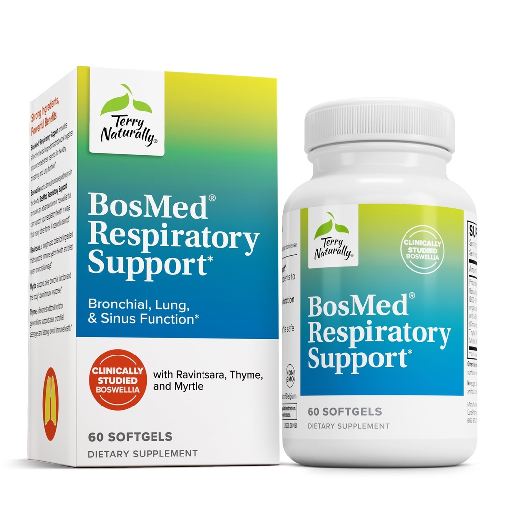 טרי באופן טבעי BosMed Respiratory Support - תוספת תמיכה משפטית - תוספת צמחית לתמיכה Lung - תוספת בריאה עבור Clear Bronchial מעברים - 60 Softgels