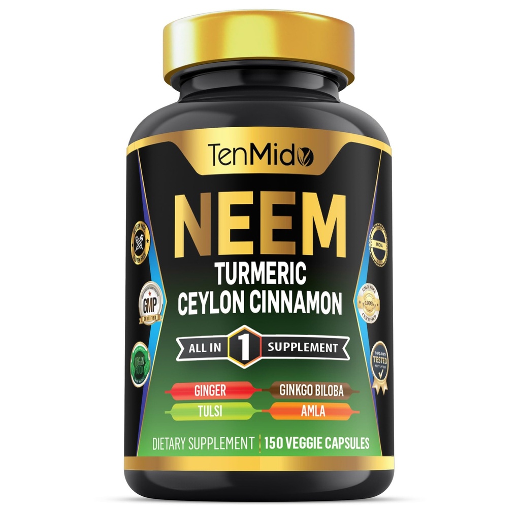 Neem Leaf תוסף - 8in1 פורמולה - בשילוב עם Turmeric, Ceylon Cinnamon, ג'ינג'ר, Tulsi, גינקו בילובה, Amla, Black Pepper - Immune Health Support - 150 קפסולות טבעוניות