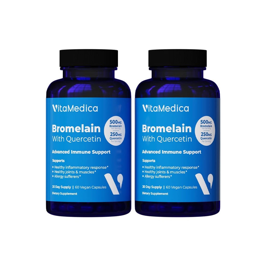 VitaMedica Bromelain & Quercetin תוסף - 500 מ"ג Bromelain 250 מ"ג Quercetin - 2400 GDU עבור Immunity, תמיכה משותפת, דלקת ושיקום שרירים - 60 קפסולות טבעוניות - 30 משרתים (2 Pack)