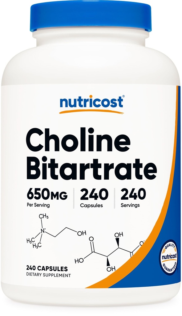 Nutricost Choline Bitartrate 650 מ"ג, 240 קפסולות צמחוניות - Non-GMO, Vegetarian Friendly, Gluten Free