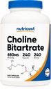 Nutricost Choline Bitartrate 650 מ"ג, 240 קפסולות צמחוניות - Non-GMO, Vegetarian Friendly, Gluten Free