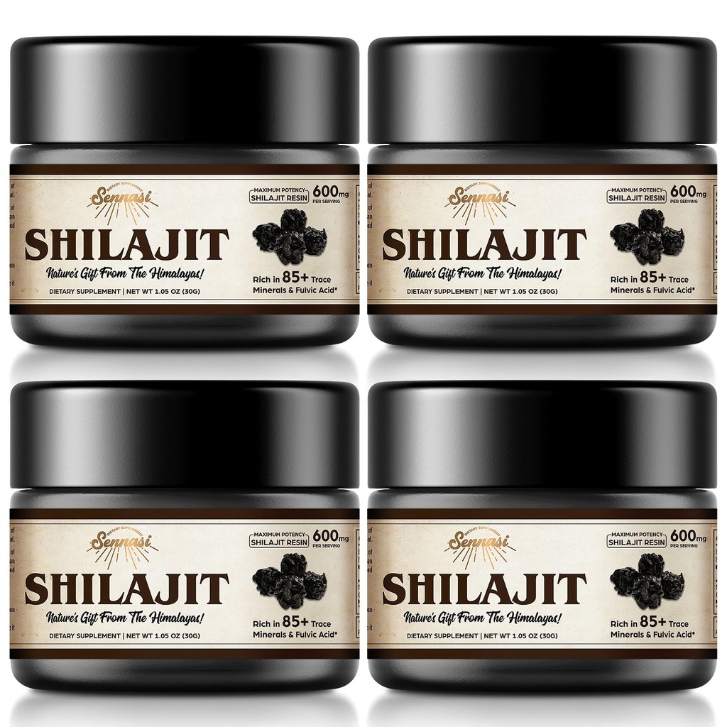 Shilajit Pure ההימלאיה אורגני Shilajit Resin - 600 מ"ג כוח כבד אורגני Shilajit Resin עם 85 + Trace מינרלים & Fulvic Acid עבור אנרגיה, תמיכה במזל, 30 גרמים (4 Pack)