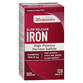 Walgreens Iron Slow לשחרר High Potency Sulfate 45 מ"ג, טבליות, 120 ea
