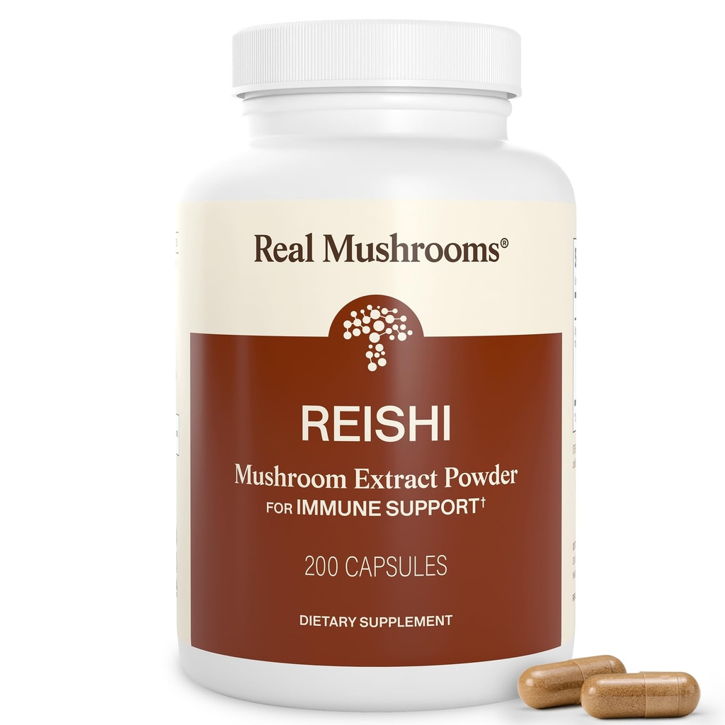 Real Mushrooms Reishi Mushroom כמוסות - Handpiced Organic Mushroom Extracts - Red Reishi for Tranquil Daily Wellness עם מאומת Beta Glucans טבעוני, non-GMO, No Grain Fillers, 200 ct ct ct ct