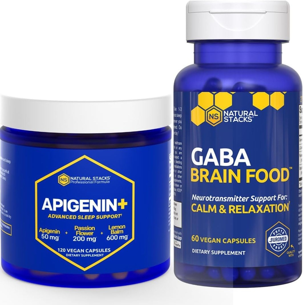 NATURAL STACKS GABA Brain Food + Apigenin תוסף עבור Sleep Bundle - תמיכה מרגיעה ושינה * - 180 קפסולות מוחלט
