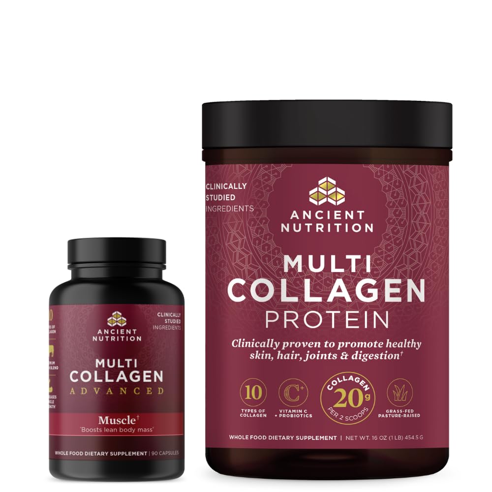 תזונה עתיקה Multi Collagen מתקדם קפסולות, שרירים, 90 Count + Multi Collagen חלבון אבקת, Unflavored, 45 משרתים
