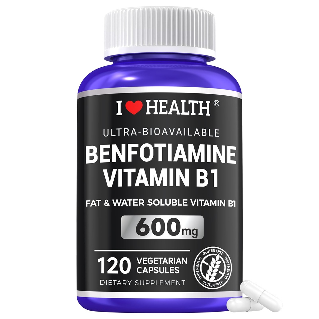 Benfotiamine 600 מ"ג פלוס 20 מ"ג ויטמין B1 | 120 קפסולות Veggie | Made in USA | 3rd Party Tested | Fat Soluble Essential B1 Thiamine