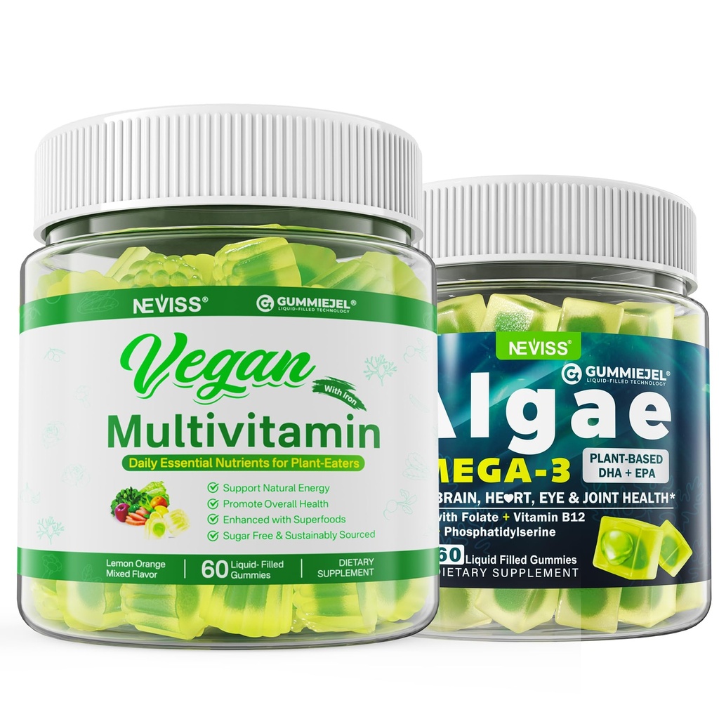 אומגה טבעונית 3 חניכיים 1000 מ"ג עם Multivitamin לנשים עם ברזל, ויטמין B12, A, D3, K2, Algae אומגה 3, Magnesium, Zincium, Zincium