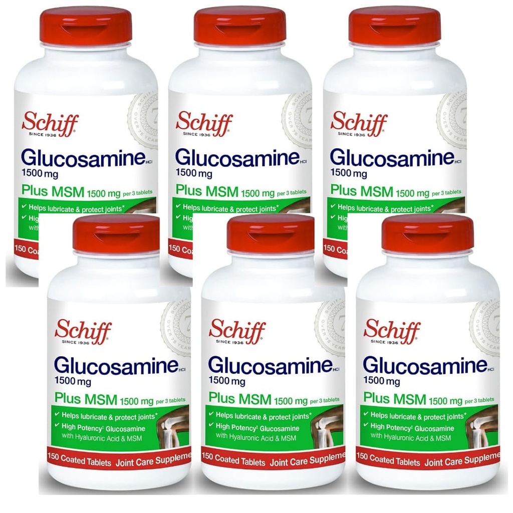 Schiff Glucosamine 1500 מ"ג פלוס MSM ו Hyaluronic Acid, 150 טבליות - תוסף משותף (Pack של 6)