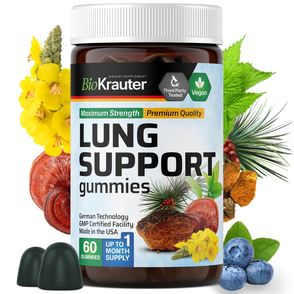 BIO KRAUTER Lung Detox Gummies - 60 צ'יפס טבעוני - Lung ניקויse תוסף W / Vitamin C & Mullein Leaf - Respiratory Support