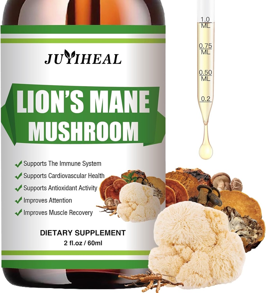 Lions Mane Liquid - Brain Support, Energy, Memory & Focus - Sugar & Alcohol-Free Lions Mane Supplement - 2 Fl OZ, 2 חודשים אספקה