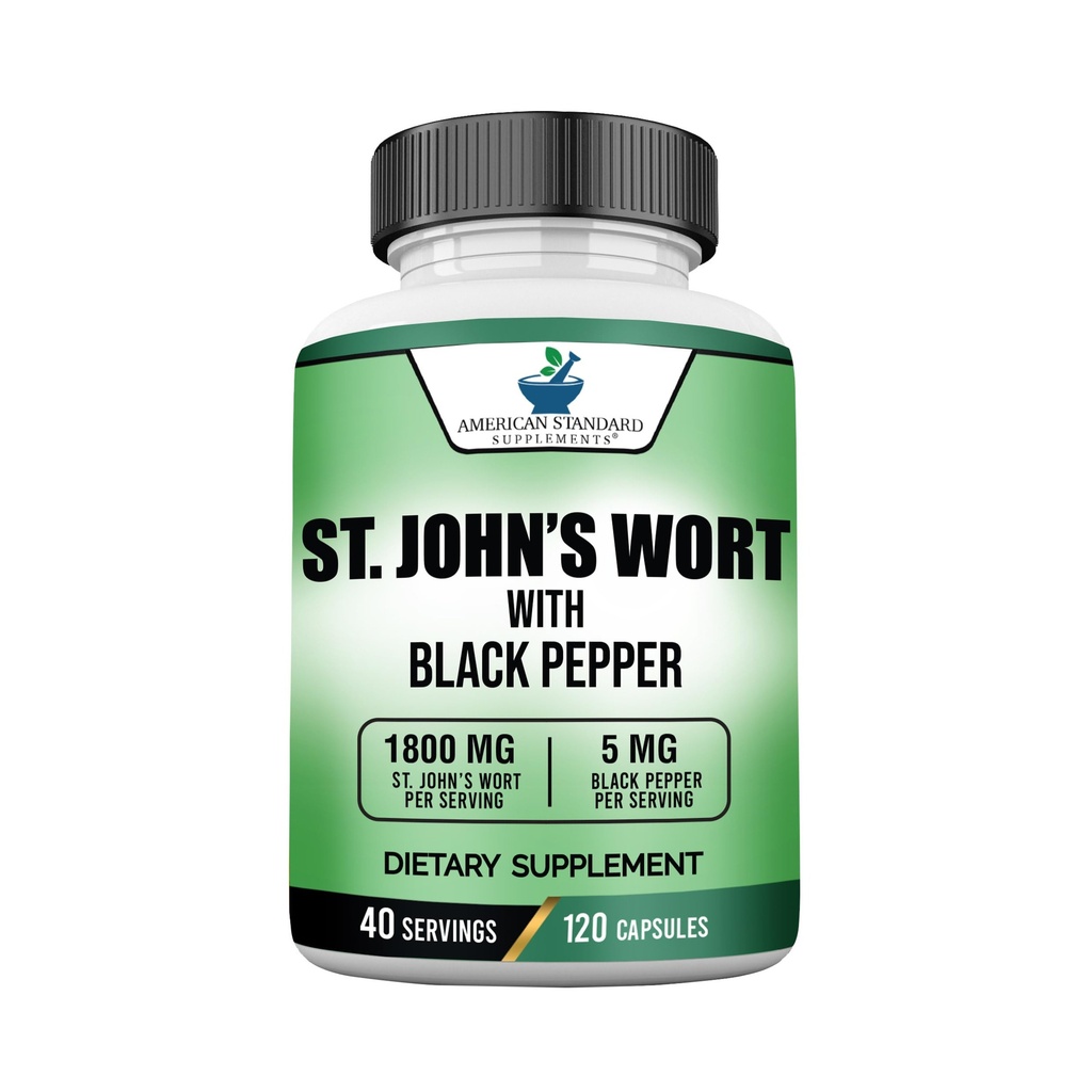 תוסף סטנדרטי אמריקאי St. John's Wort 1800mg Per לשרת עם Black Pepper פירות לחלץ - טבעוני, Gluten Free, non-GMO, 120 קפסולות, 40 משרתים