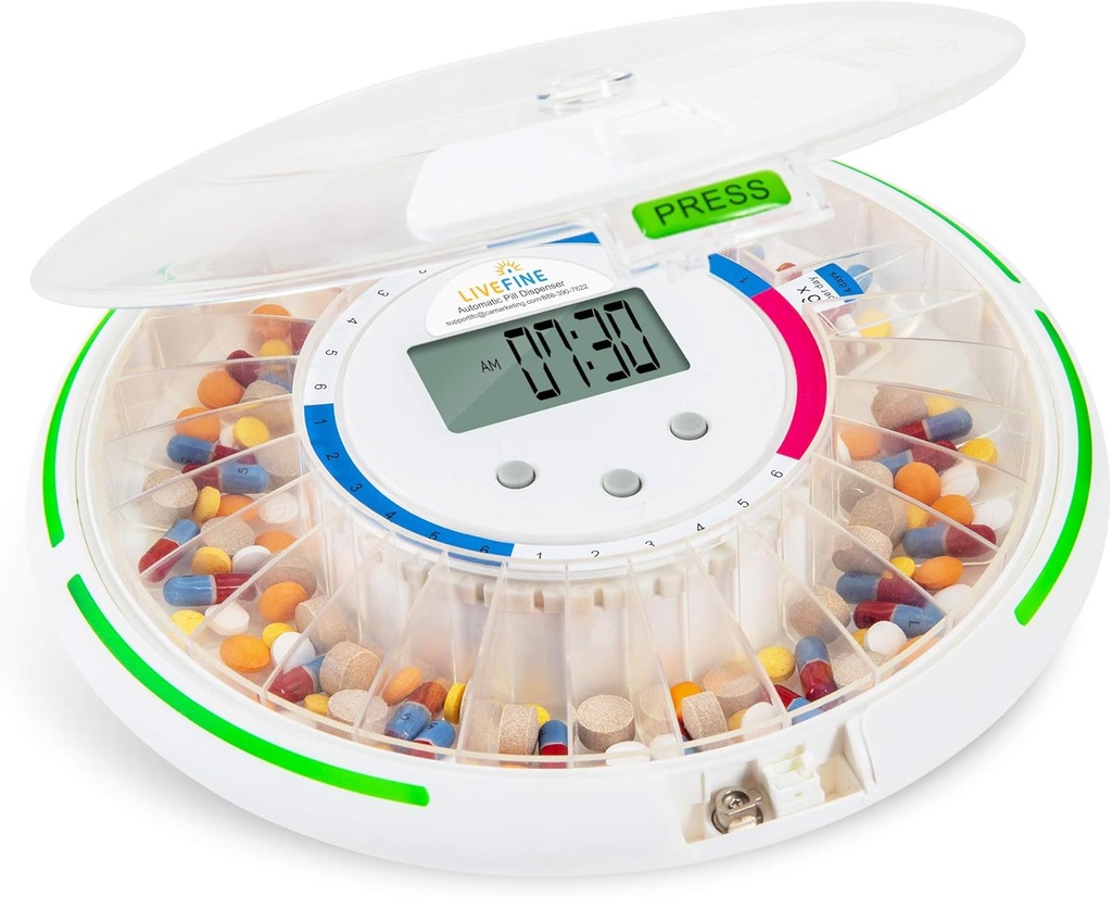 Live Fine Automatic Pill Dispenser עם 28 ימים אלקטרוניקה מארגנת, 6 Dosage תבניות, Easy-Read LCD Display, Sound & Light התראות & Key for Prescriptions, ויטמינים, תוספים ועוד
