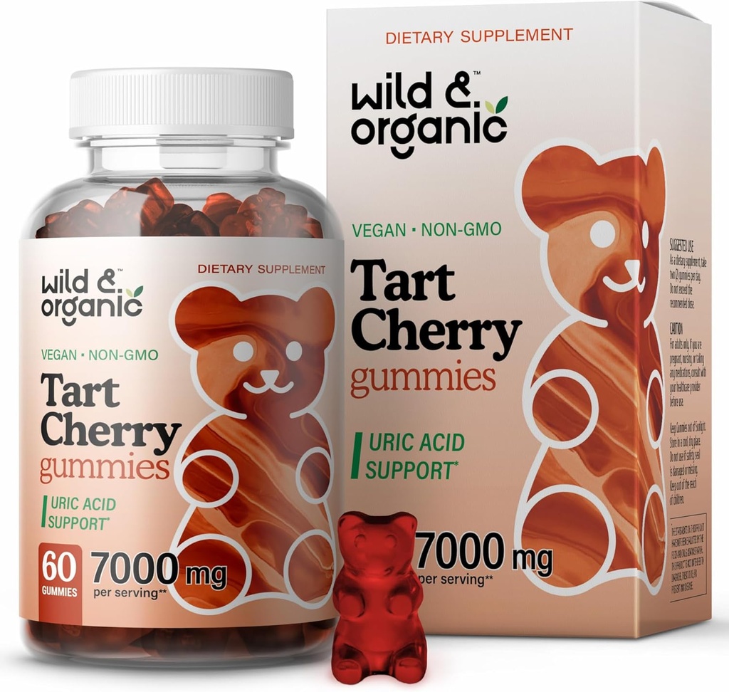 Wild & אורגני Tart Cherry Gummies 7000 מ"ג - Tart Cherry לחלץ תוספת לתמיכה ברמה Uric - 60 טבעוני, non-GMO צ'ws