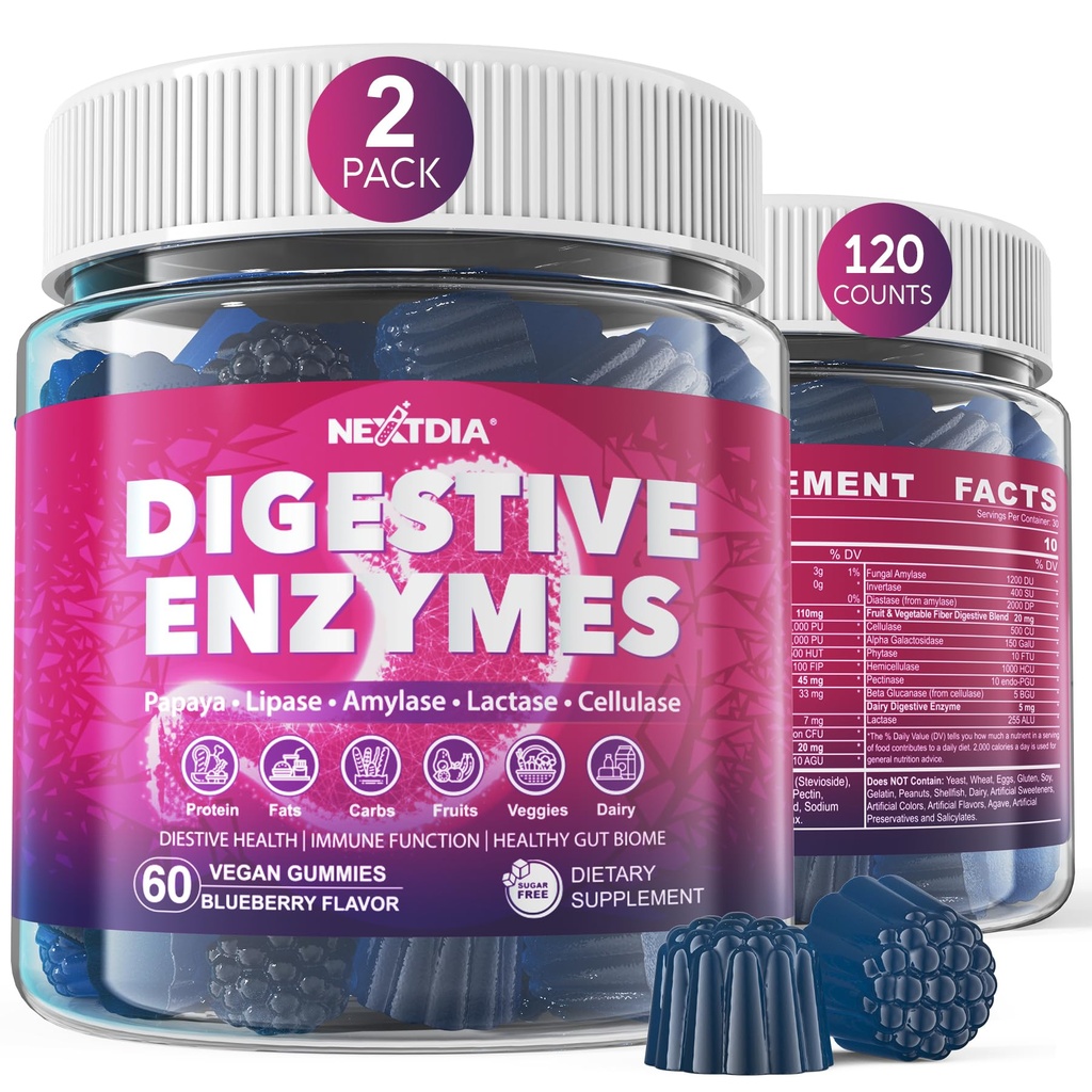 Enzymes for Women & Men Gummies w / Probiotics, Papaya, Bromelain, ג'ינג'ר - Bloating Relief & Gut Health Chewable חלבונים חלב פחמימות שומן, סוכר חינם טבעוני, 120Cts