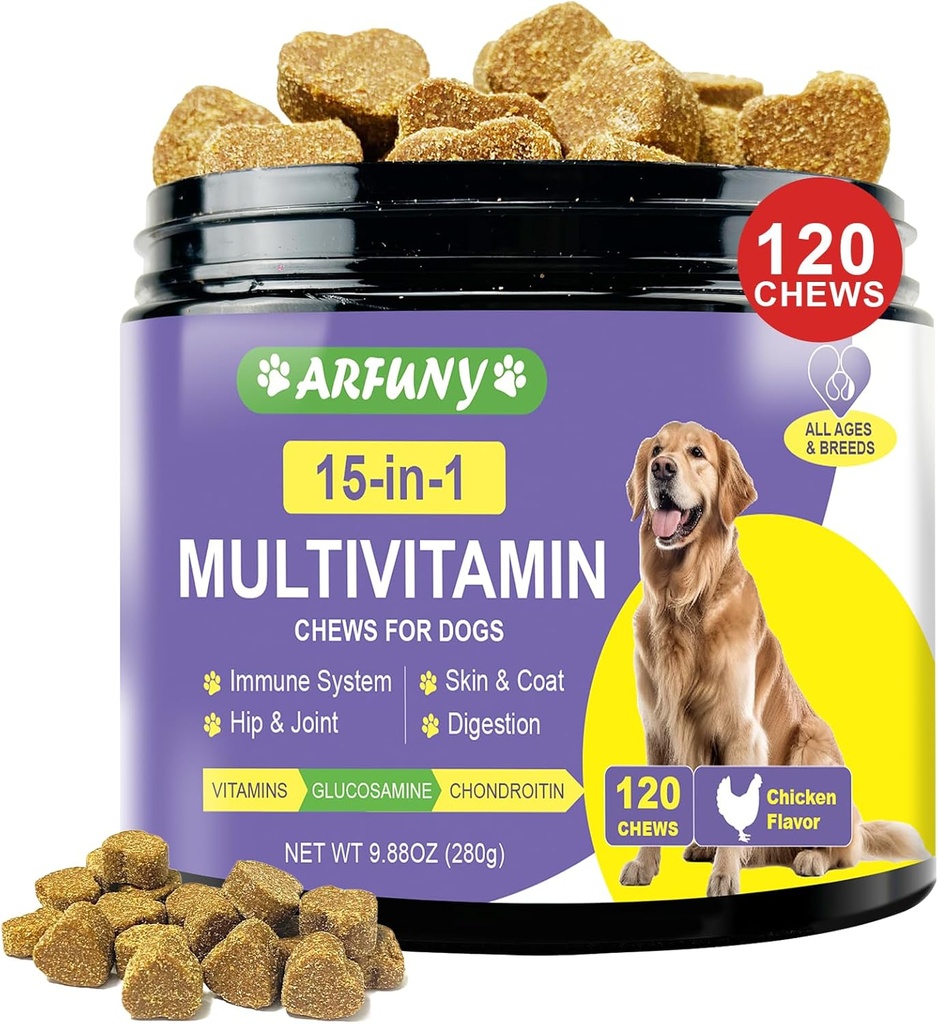 15 ב 1 כלב Multivitamin תוסף - ויטמינים לכלבים עבור Immune System, Digestion, Hip & Joint, Skin & Coat - עם ויטמינים חיוניים, Glucosamine & Chondroitin - עוף פלאמור, 120 צ'יפס