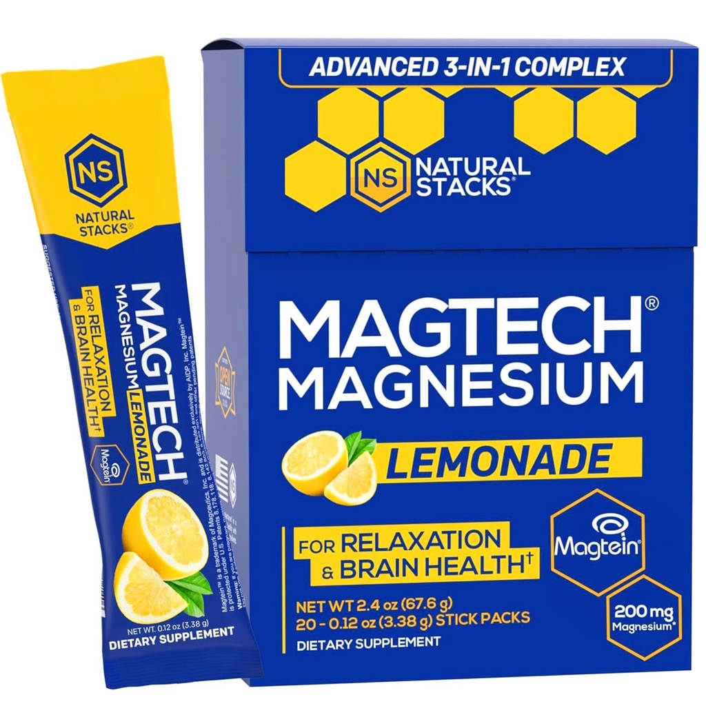 MagTech Magnesium Drink - Sugar Free Lemonade - 3 טפסים של Magnesium: Magtein L-Threonate, Glycinate & Turate - 200mg Chelated Magnesium Complex - תמיכה מרגיעה ובריאות המוח - 20 משרתים