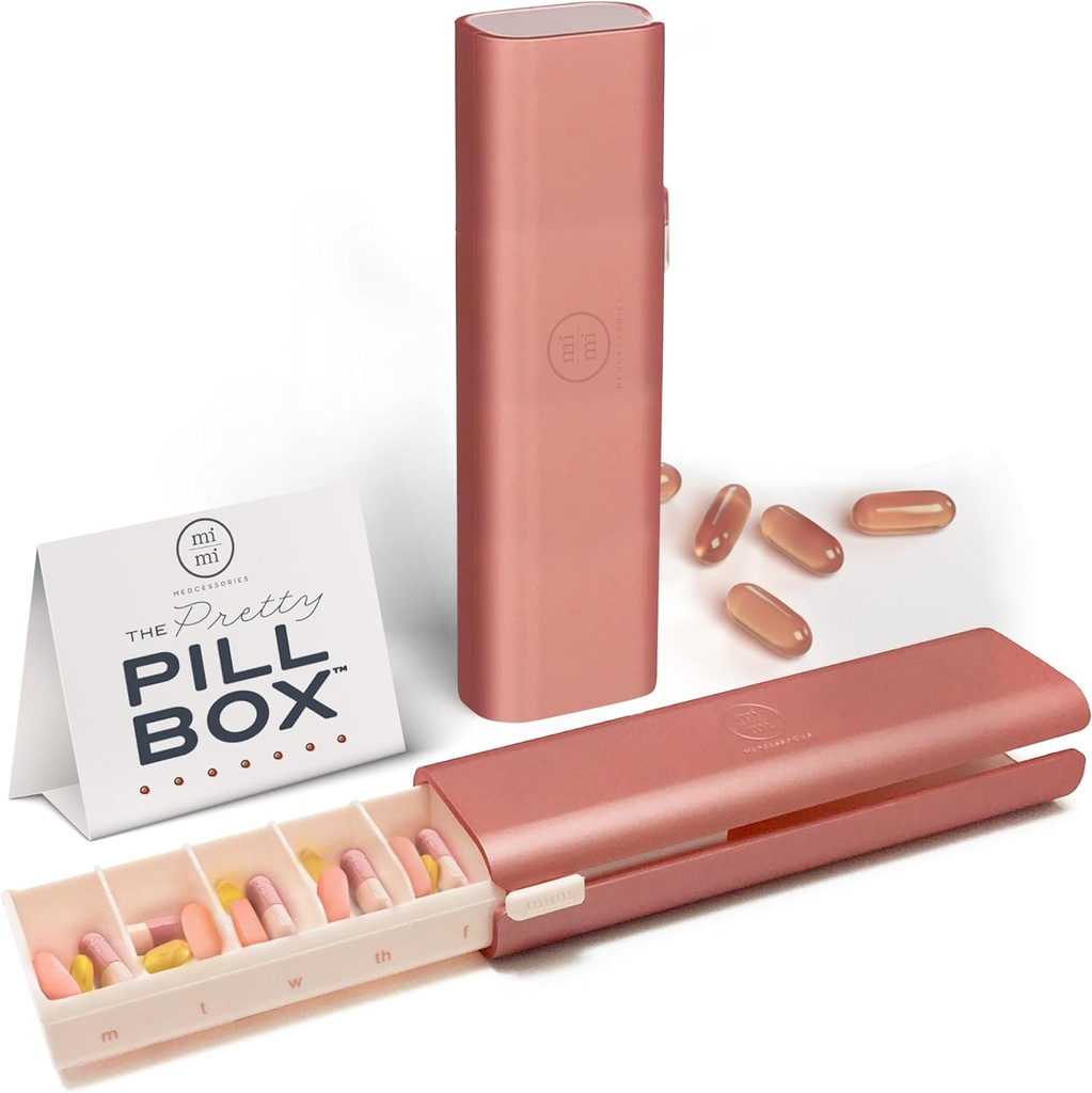 Pretty Pill Box Set - Stylish & Compact Daily Pill Organer, התרופות Pill Case, מכילות גלולות לניהול ויטמינים, גלולות הולדר, Travel Essentials for Women & Men - רוז