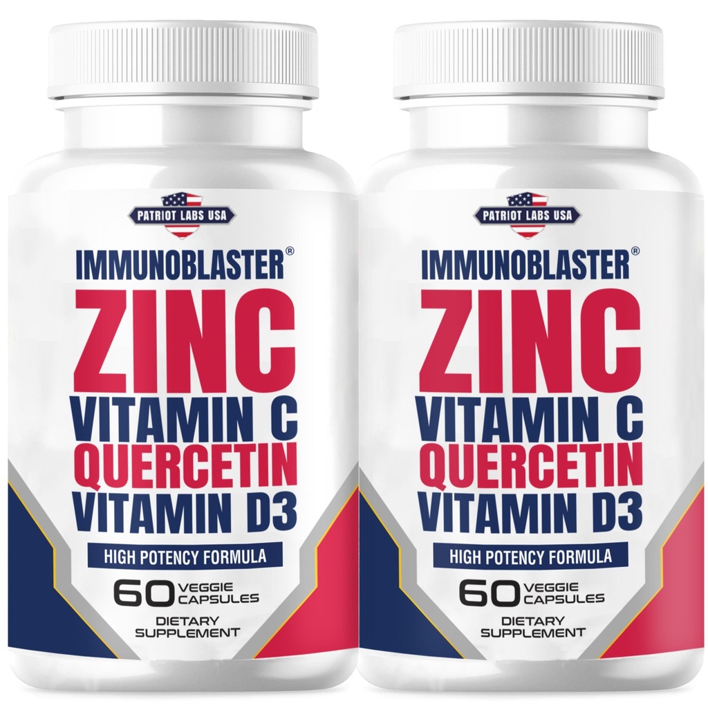 (2 Pack) ImmunoBlaster Zinc Quercetin 500 מ"ג עם ויטמין D ו- C Antioxidant Immidant תמיכה בפוטנציה גבוהה Quercetin Zinc עבור גברים ונשים - Gluten, Soy, and Milk Free - 120 Count (Twin Pack)