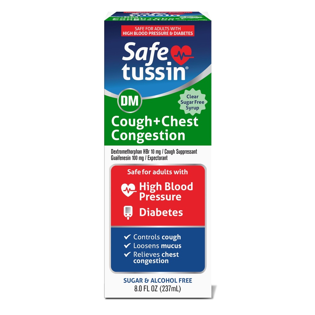 Safetussin DM Cough & Chestungestion, 8 oz, מצפה Mucus הקלה, Cough הקלה סירופ, בטוח עבור מבוגרים עם לחץ דם גבוה וסוכרת