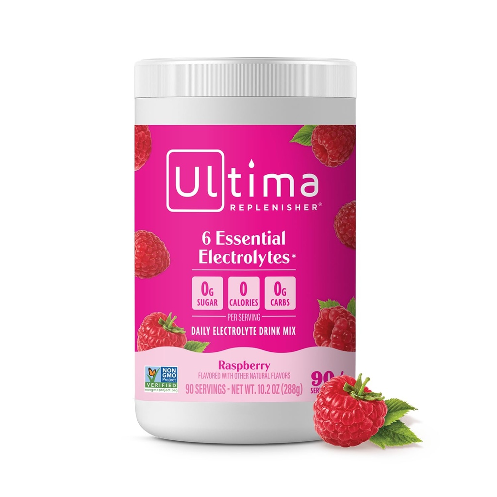 Ultima Replenisher Daily Electrolyte אבקת משקאות Mix - סוכר חינם - פטל, 90 משרתים - אבקת הידרה עם 6 Key Electrolytes ו- Trace מינרלים - Keto Friendly, טבעוני, non-GMO
