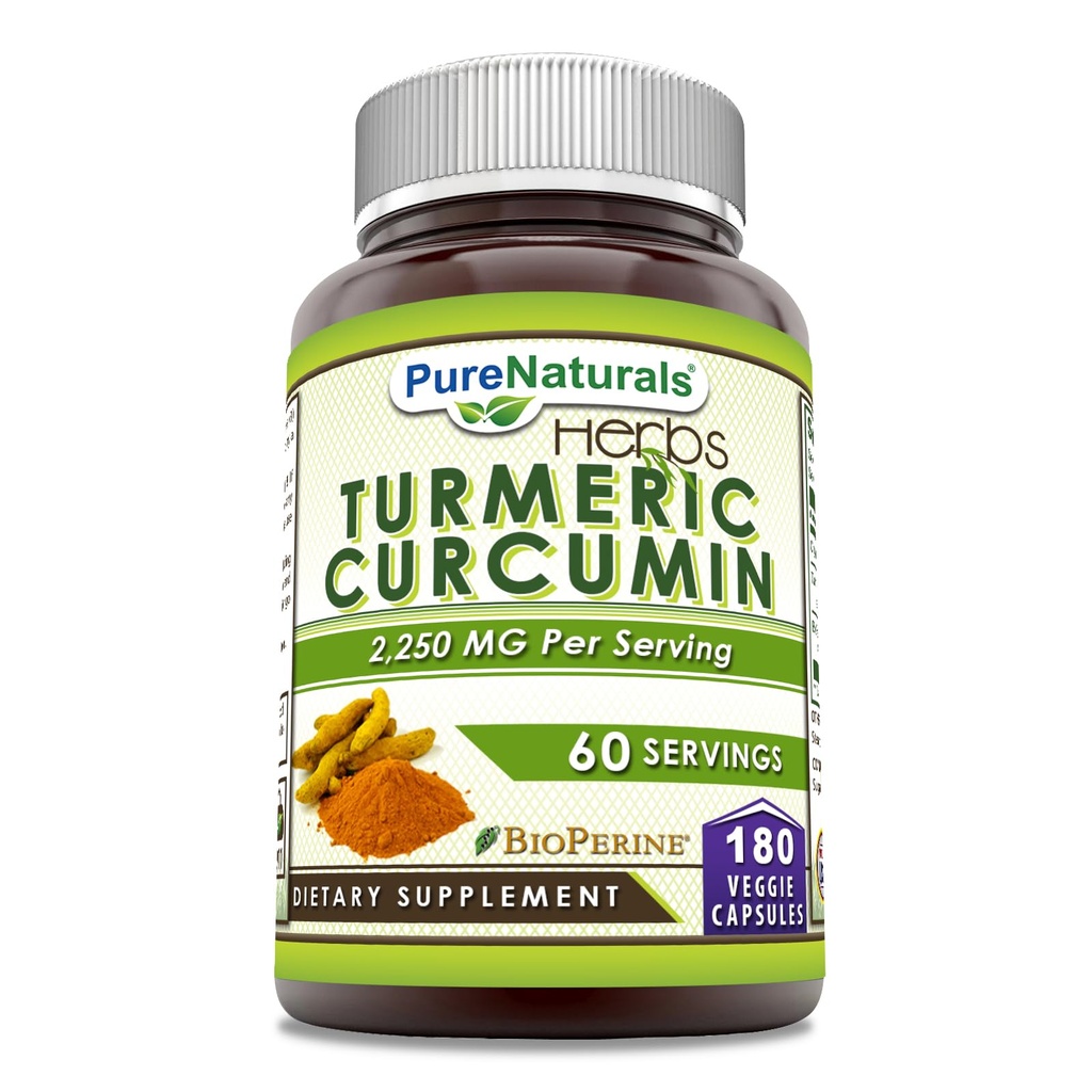 Pure Naturals Turmeric Curcumin עם bioperine 2250 מ"ג תוספת שירות | Veggie קפסולות | Non-GMO | Gluten Free | Made in USA (1 Pack, 180 Count)
