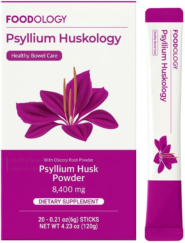 FOODOLOGY Psyllium Huskology (20 Sticks, 10 ימים) - Herbal Psyllium Husk תוסף עבור הקלה ב- Constipation, Gut Health. סיבים תזונתיים המבוססים על צמחים, כוח מקסימלי 7200 מ"ג.