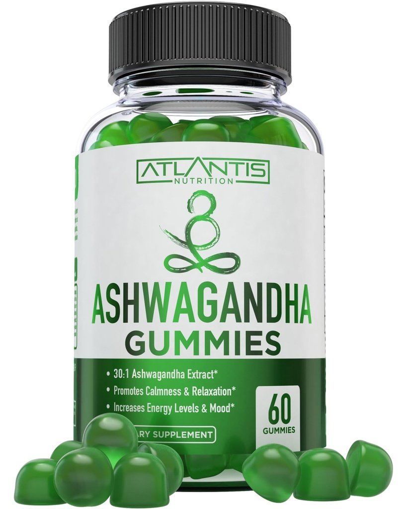 Atlantis Nutrition Ashwagandha Gummies - 1500 MG Per משרת - מקדם Calmness, משפר את Mood, Boosts אנרגיה רמות & חיזוק מערכת החיסון - פורמולה עם ויטמין D & Zinc - טבעוני | 60 הרוזן