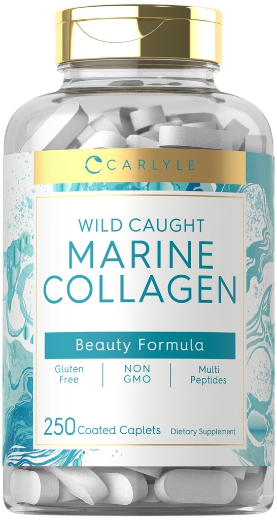 Carlyle Marine Collagen for Hair Skin and Nails | 250 Caplets | Peptides for Women and Men | Type I with Calcium | Non-GMO & Gluten Free