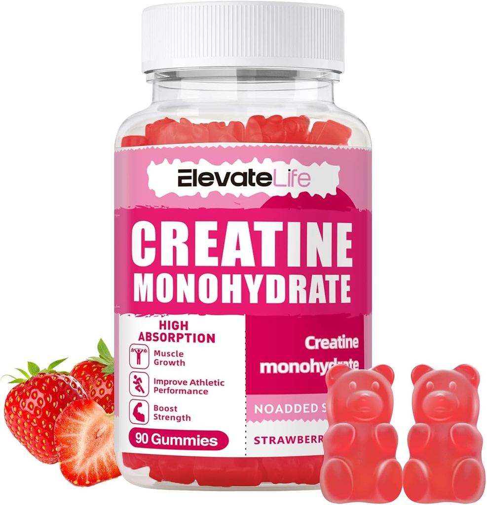 ElevateLife Creatine Monohydrate Gummies 5000 מ"ג עבור גברים ונשים, Chewables Creatine Monohydrate עבור כוח שרירים, בונה שרירים, אנרגיה Boost, Pre-Workout תוסף ( Count)-Strawberries