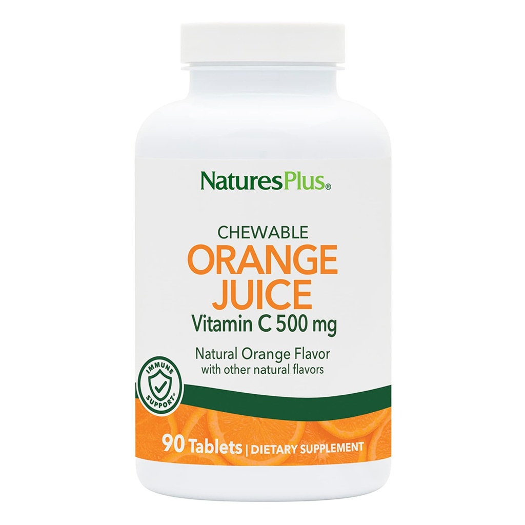 Natures Plus Orange Juice Chewable ויטמין C - 500 מ"ג, 90 טבליות - High Potency Immune & Vascular Health Support Supplement, Antioxidant - Gentle On Stomach - Vegetarian, Gluten-Free - 90 משרתים