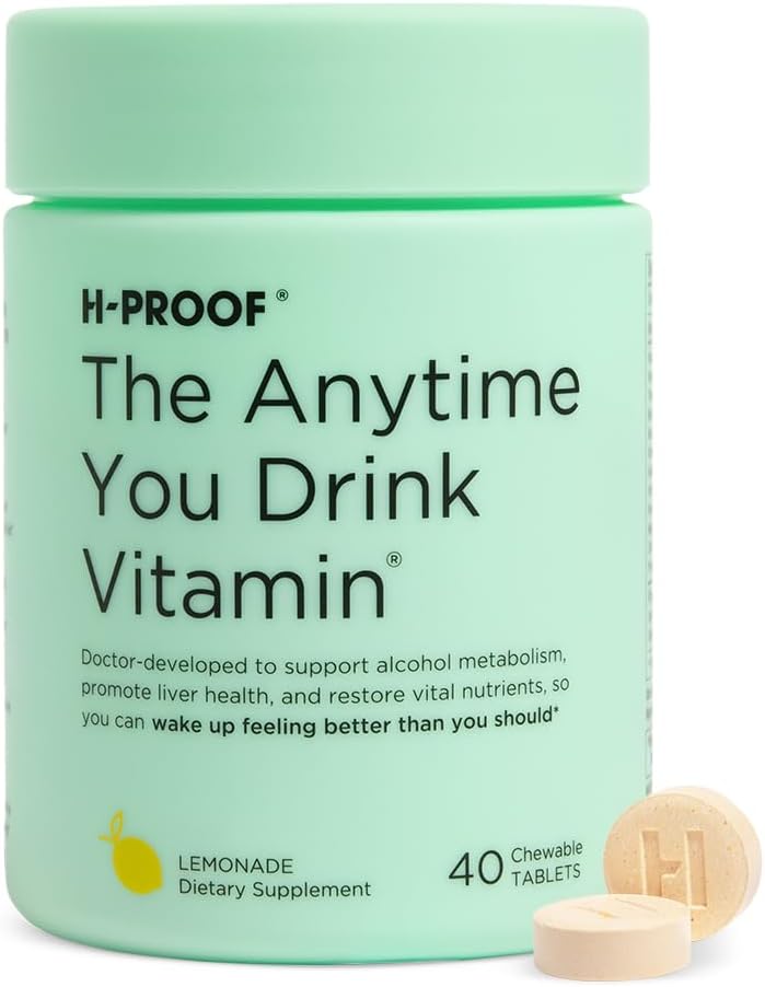 H-PROOF The Anytime You Drink ויטמין, Liver Health & Immunity Support with Electrolytes, Milk Thistle ו- ויטמין B & C - 40 טבליות Chewable (20 משרתים), טבעוני, Lemonadeade