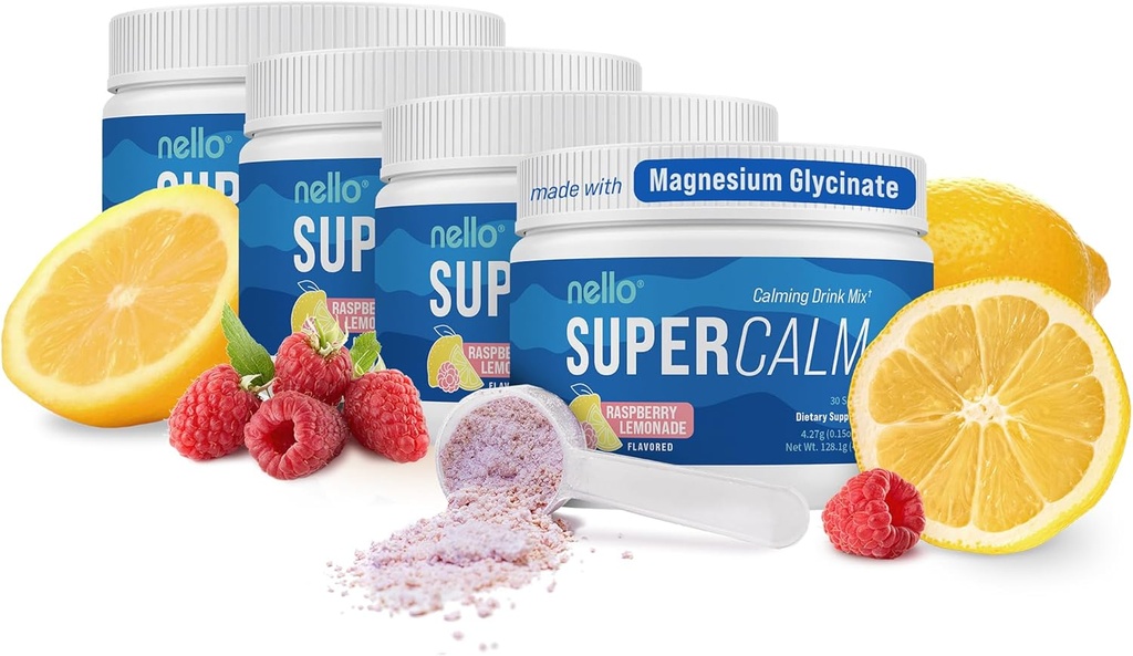 Nello Supercalm Drink - Ashwagandha KSM 66, Magnesium Glycinate, L-theanine, ויטמין D3 - Ashwagandha Root Extract, Magnesium & L-anine תוסף - 30 משרתים - 4 Pack