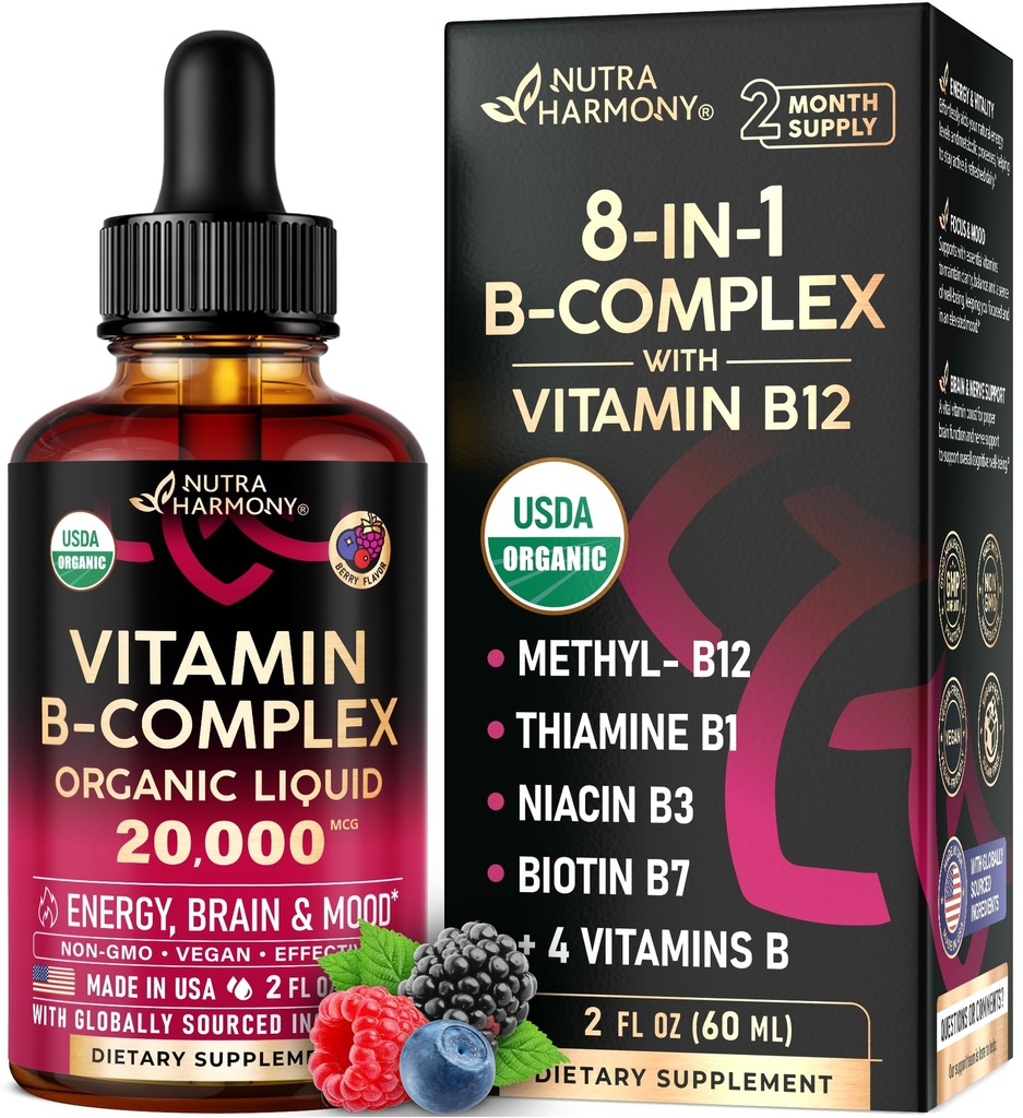 USDA אורגני ויטמין B-Complex B5 Pantothenic Acid | B12 Methyhydrobalamin | B1 Thiamine | B6 Pyridoxine | B7 Biotin | B9 Folic | B3 Niacinamide - B Complex Drops, Made in USA Supplement, 2fl oz ozozozozozozozozozoxine | B7 Biotin | B9 Folic | B9