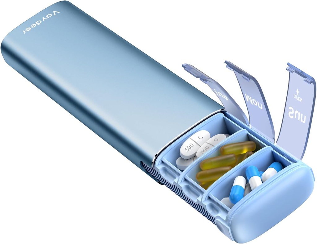 Vaydeer Metal Travel Pill מארגנת, 7 Day Weekly Pill Box, Big Capacity Daily Sweet Pill Case for Supplements, Pills, ויטמינים ותרופות (קטן, כחול)