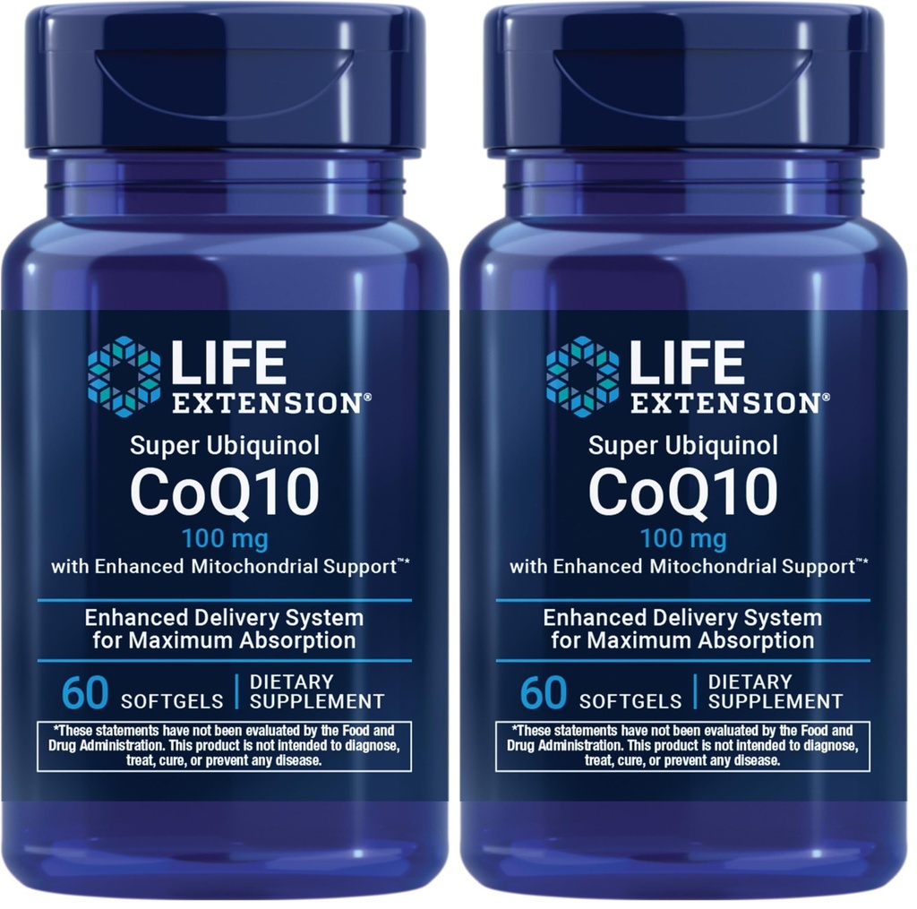 Life Extension Super Ubiquinol CoQ10 עם תמיכה משופרת של Mitochondrial, Potent Heart Health & cell Energy הפקה תמיכה,Ultra-absorbable, gluten-Free, Non-GMO, 100 מ"ג, 60 רכות (Pack של 2)