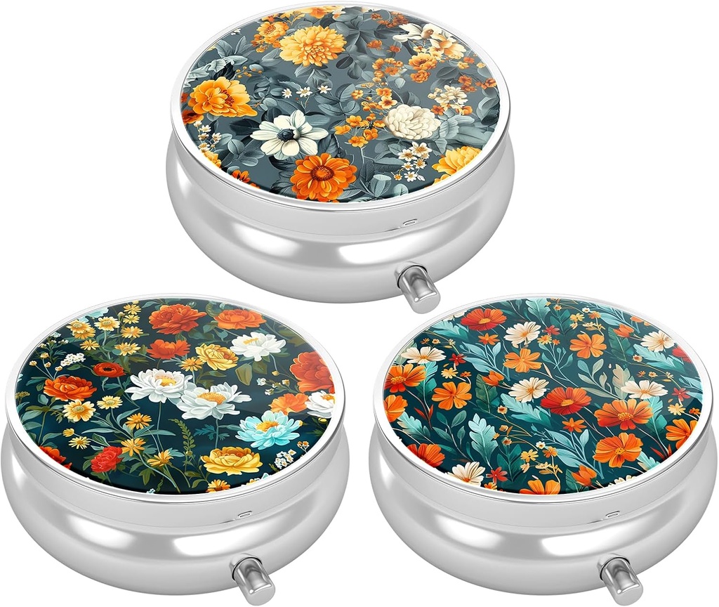 3 Pack Pill Box, Small Pill Case for Purse & Pocket, מארגנת רפואה חמודה, Portable Medicineer Holder כדי להחזיק ויטמינים, תרופות, שמן דגים ותוספים, פרח יפה
