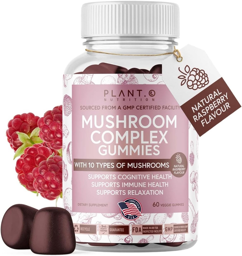 Mushroom Gummies Premium תוסף (10 Mushroom Complex Extracted & Fast Acting Lion's Mane, Reishi, Shiitake Nootropic Brain Support, Immune Support, Mood &laxation, 60 צ'יפס