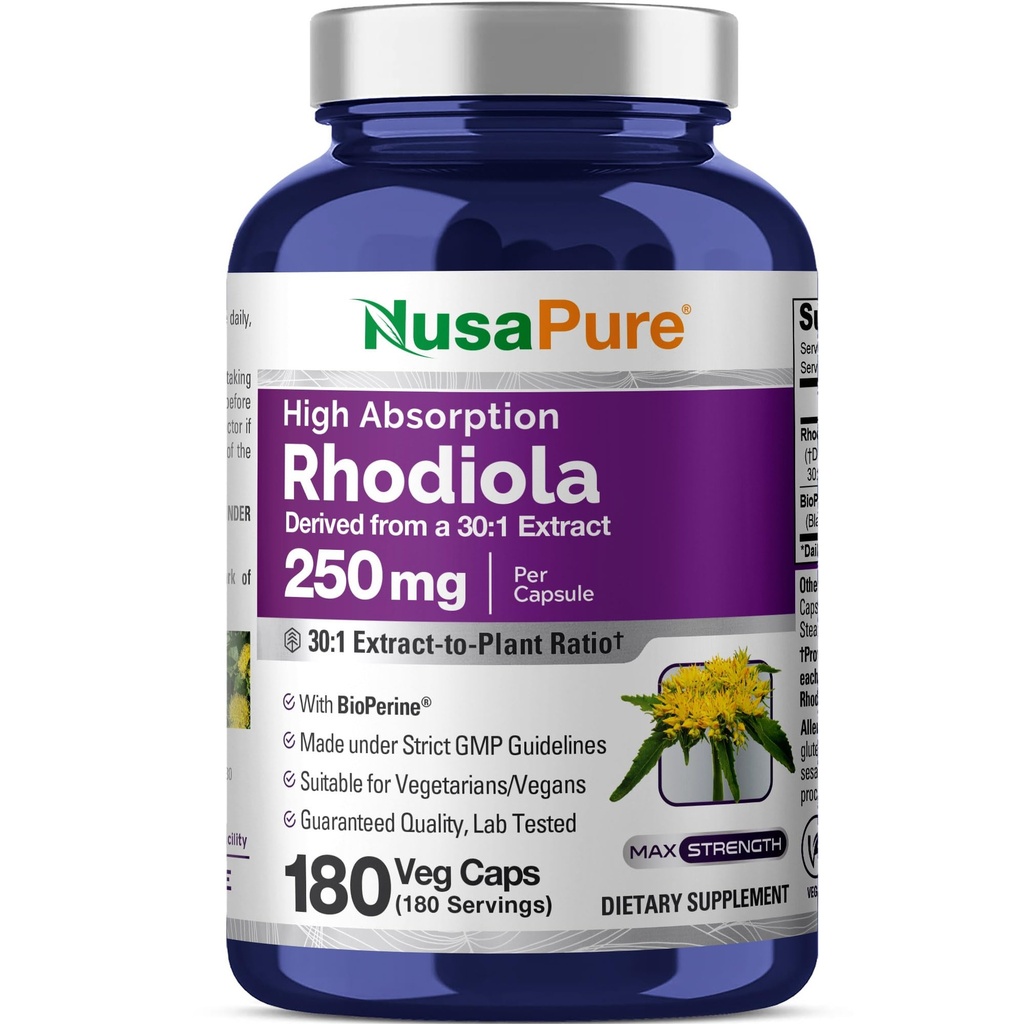 NusaPure Rhodiola Rosea 7,500mg 180 Veggie קפסולות (Non-GMO, לחלץ 30:1, טבעוני & Gluten-Free) Bioperine
