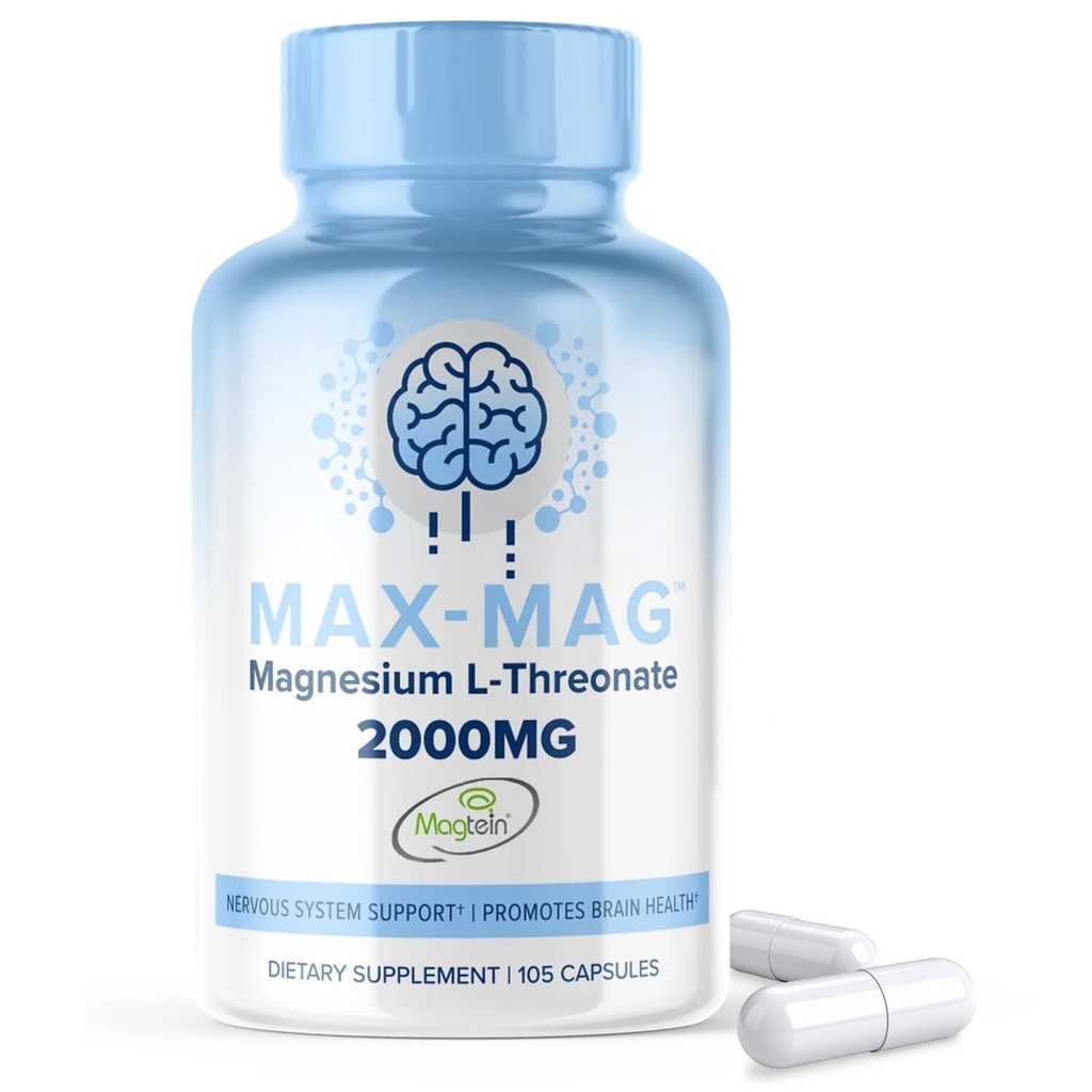 Max-Magnesium L-Threonate תוסף - 105 קפסולות המיוצרות בארה"ב- Magtein 2000 מ"ג מורכב עם ויטמין D3 ו- K2 לשינה, Mood & Brain Magnesium L Threonate קפסולות תזונה על ידי MaxLifes Naturals