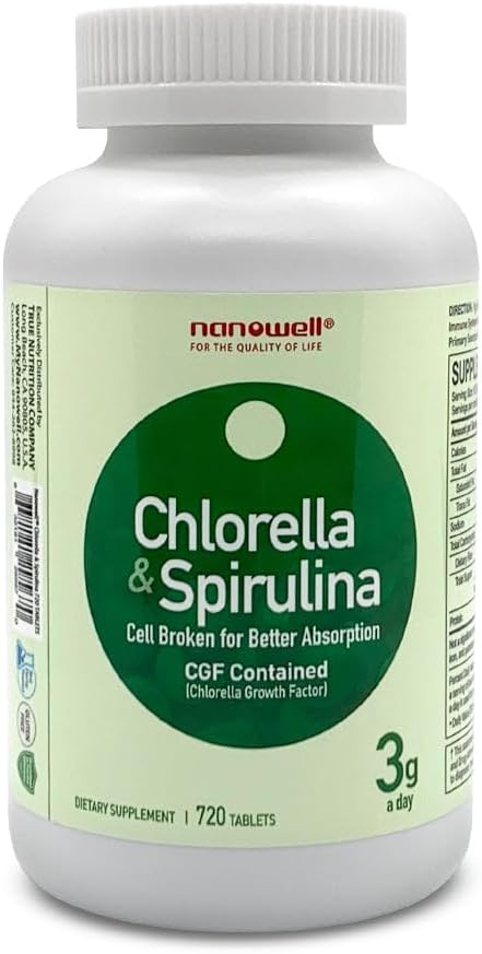 NANOGood Chlorella & Spirulina טבליות 720s - Chlorella, Spirulina, Antioxidants, ויטמינים, עשיר בחלבון, Broken Cell Wall (720 Count)