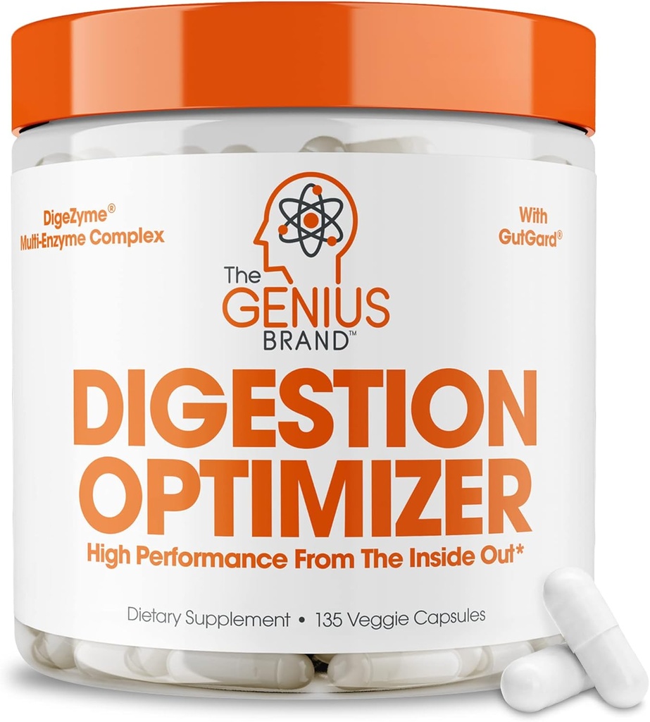 The Genius Brand Genius Digester - תוסף ל- Gut Health & Immune Support - No Prorietary Bricks - טבעוני, Non-GMO & Gluten-Free - 135 Veggie כמוסות
